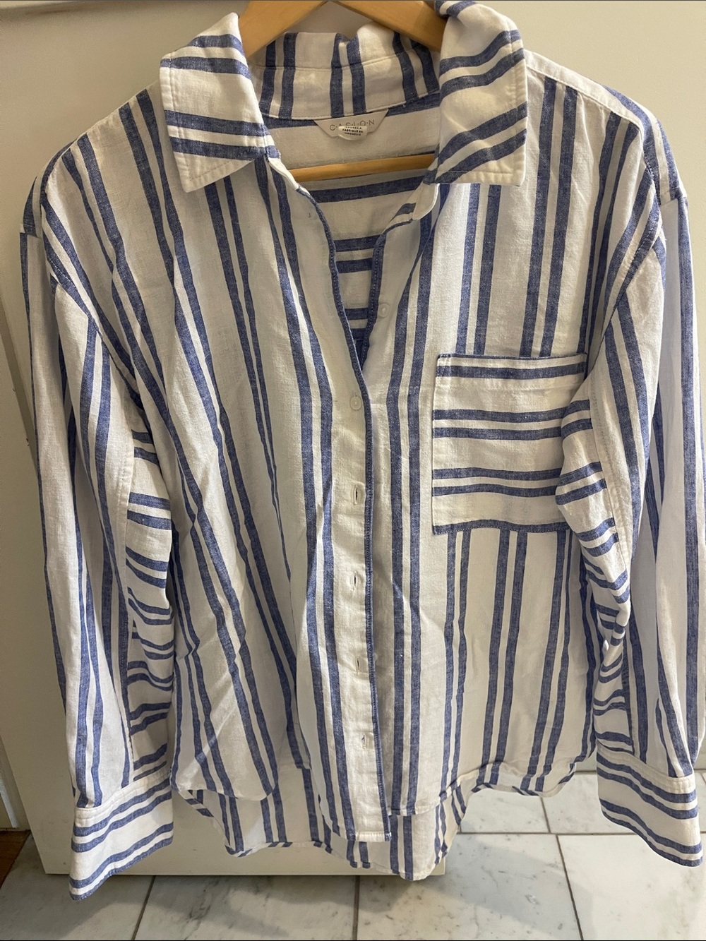 Nordstrom Caslon Linen Blend Size M White and Blue Stripe Beachy Top